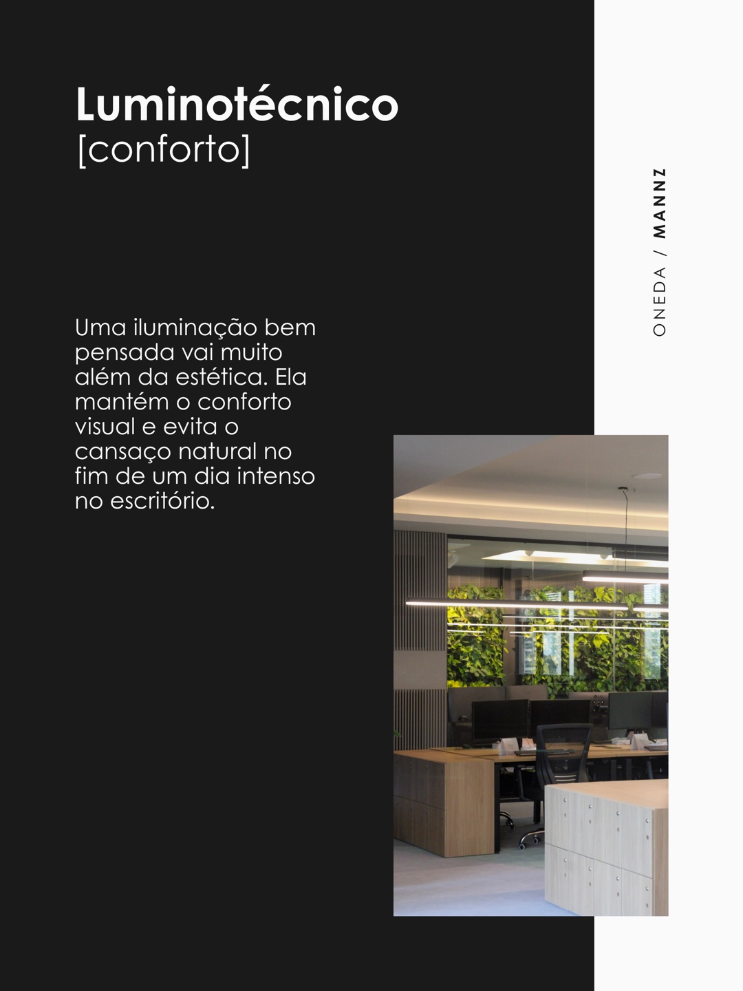 Luminotécnico, conforto: uma iluminação bem pensada mantém o conforto visual e evita o cansaço no escritório. Oneda e Mannz.